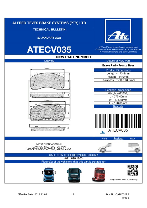 ATECV035 NEW! Brake Pad for MAN TGL 2005-2022; MERCEDES-BENZ TRUCKS ANTOS, ATEGO, AXOR 2, ECONIC 2  1998-2022; NISSAN NT500 2013-. featured image